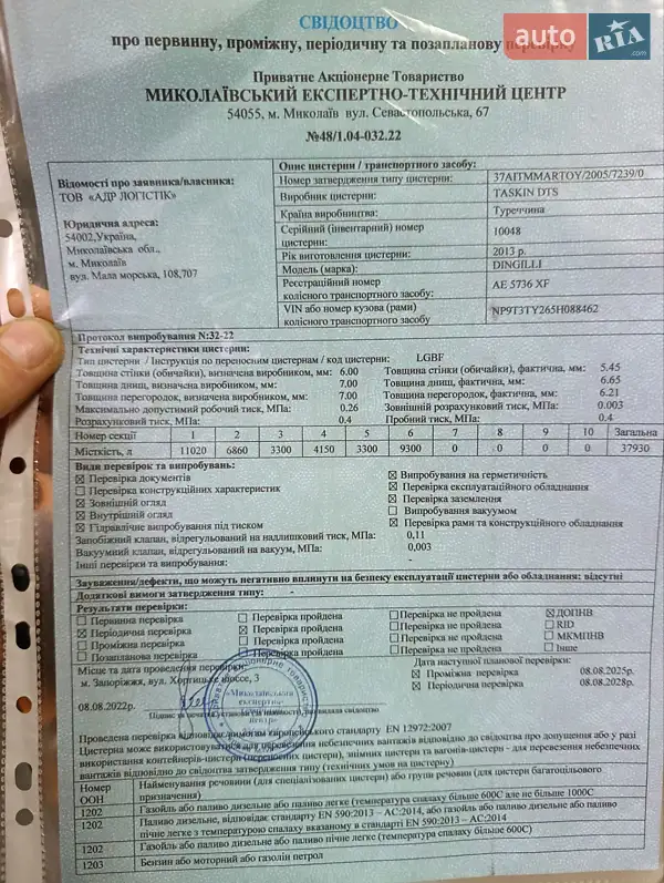 Цистерна ADR Trailers CTS 4 2013 в Дніпрі документ