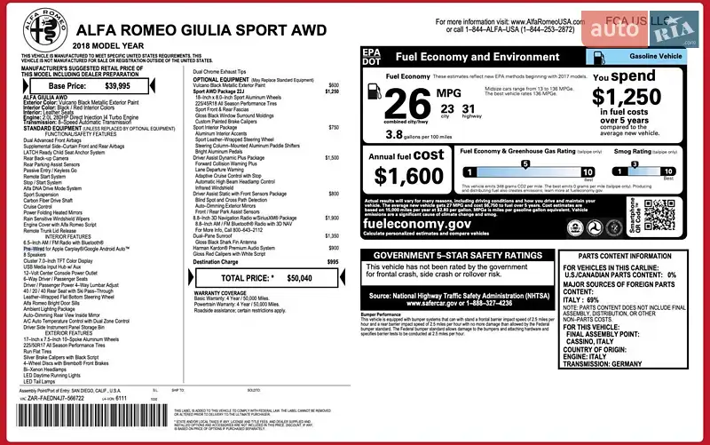 Седан Alfa Romeo Giulia 2018 в Києві документ