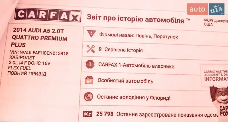 Кабриолет Audi A5 2014 в Киеве документ