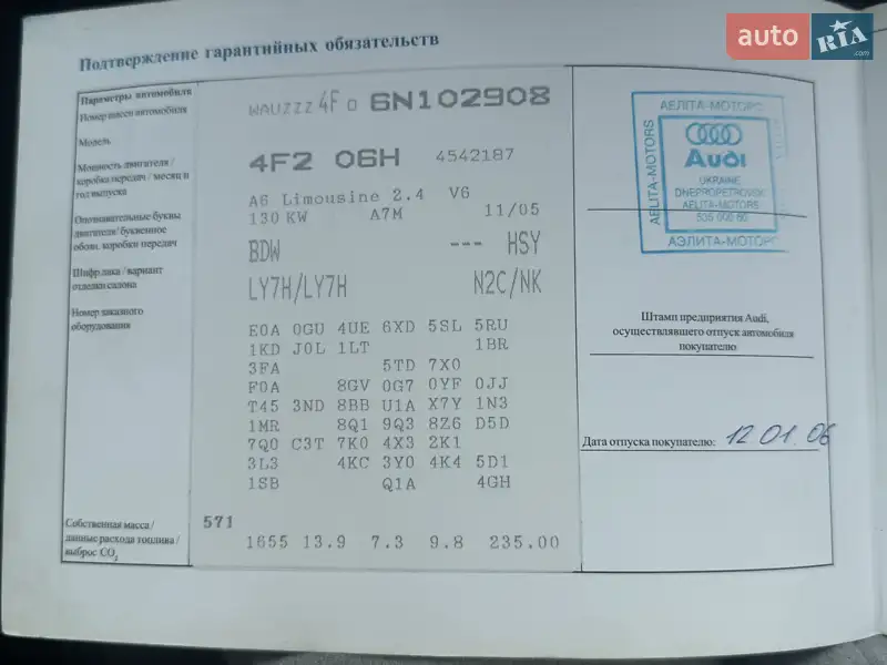 Седан Audi A6 2005 в Дніпрі документ