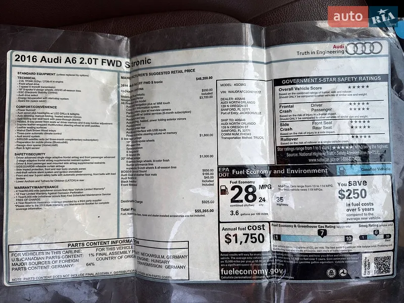 Седан Audi A6 2015 в Кривом Роге документ