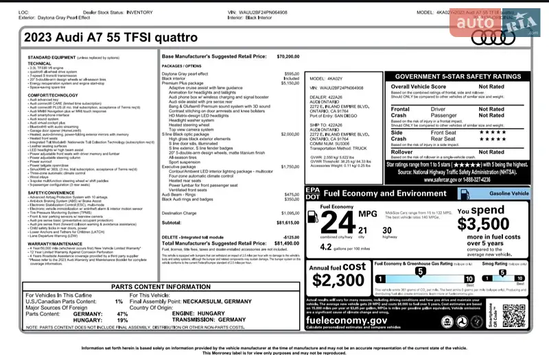 Audi A7 Sportback 2023 VIN WAUU2BF24PN064908 фото оголошення 22 з 68