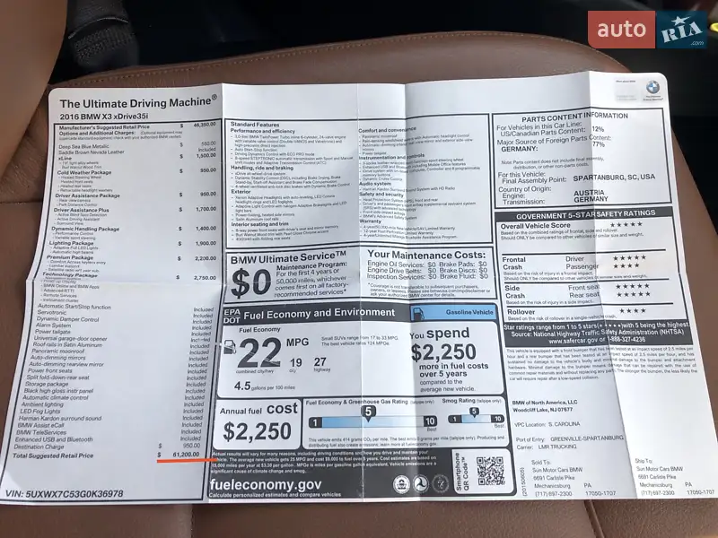 Внедорожник / Кроссовер BMW X3 2015 в Запорожье документ