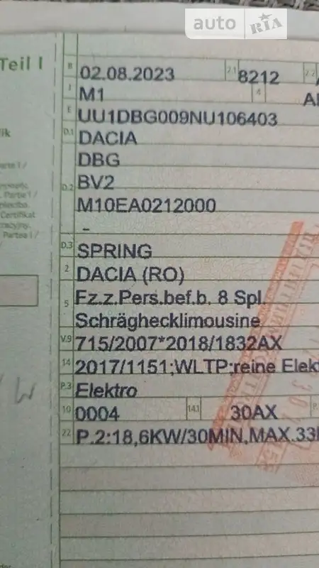 Внедорожник / Кроссовер Dacia Spring 2023 в Луцке документ