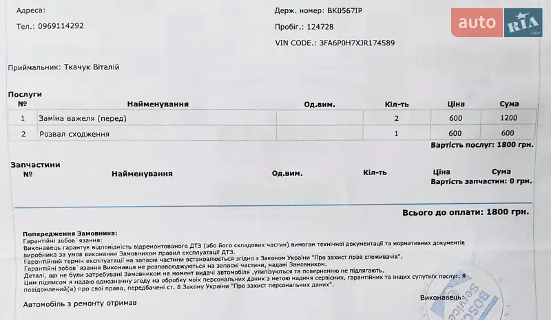 Седан Ford Fusion 2018 в Вараші документ