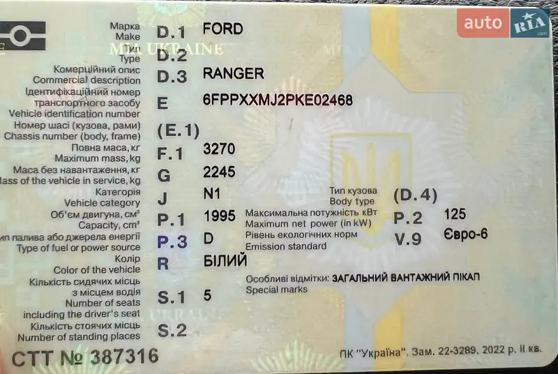 Пікап Ford Ranger 2019 в Харкові документ