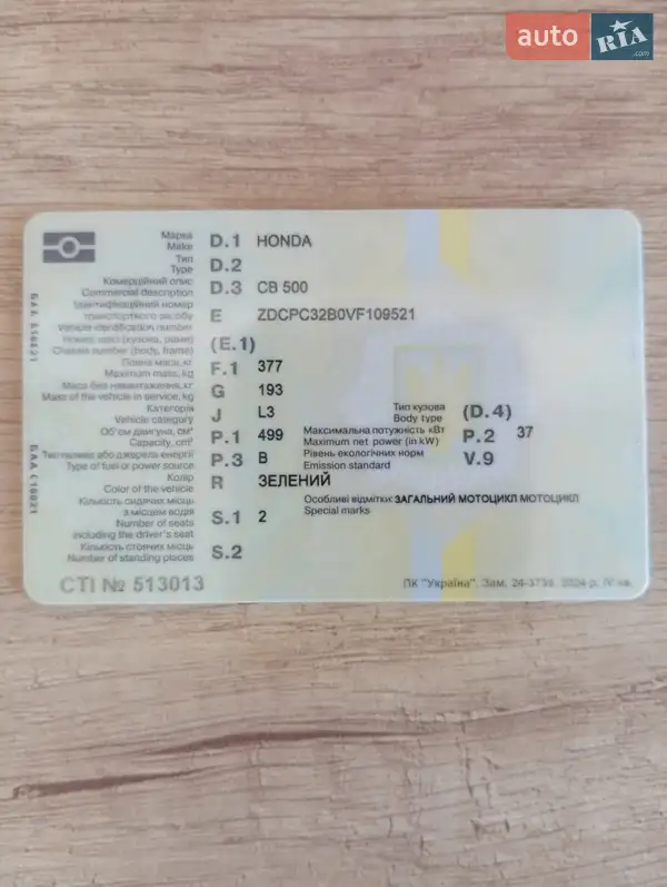 Мотоцикл Классик Honda CB 500 1997 в Котельве документ
