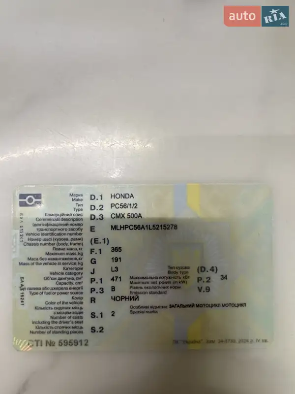 Боббер Honda CMX 500 Rebel 2021 в Киеве документ 2 фото Боббер Honda CMX 500 Rebel 2021 в Киеве документ