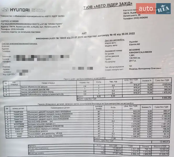 Седан Hyundai Elantra 2018 в Львове документ