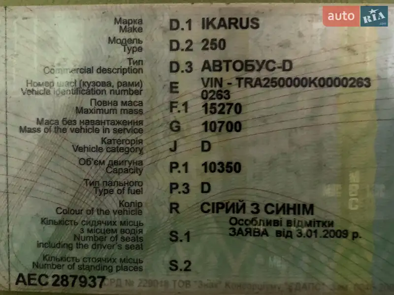 Туристичний / Міжміський автобус Ikarus 250 1989 в Кривому Розі документ
