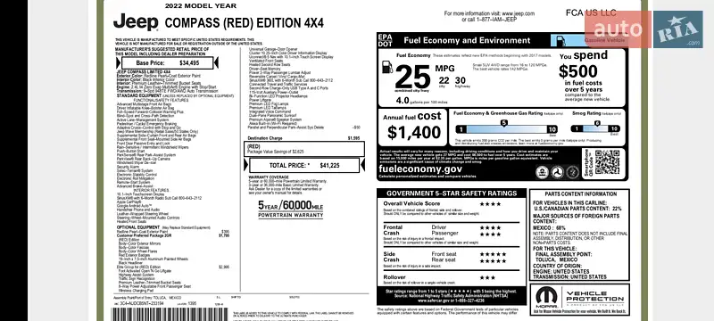 Позашляховик / Кросовер Jeep Compass 2022 в Полтаві документ