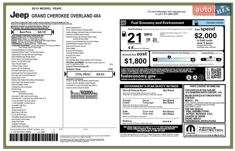 Внедорожник / Кроссовер Jeep Grand Cherokee 2018 в Киеве документ