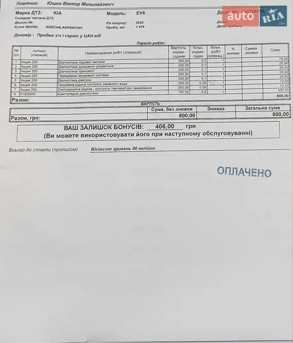 Позашляховик / Кросовер Kia EV6 2022 в Одесі документ 4 фото Позашляховик / Кросовер Kia EV6 2022 в Одесі документ