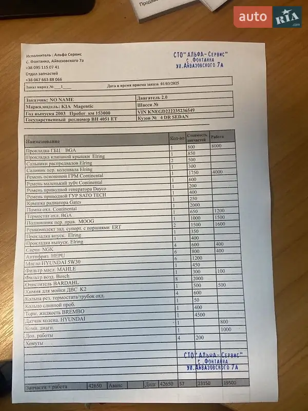 Седан Kia Magentis 2003 в Одесі документ