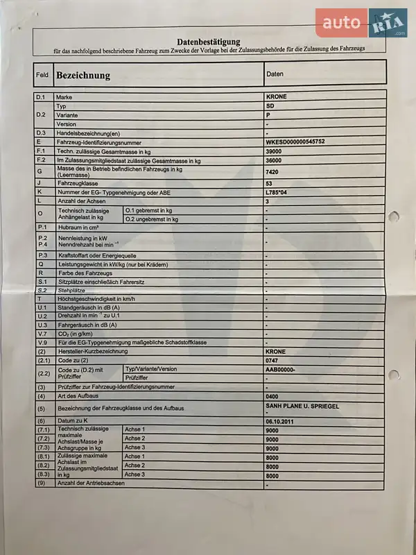 Тентованный борт (штора) - полуприцеп Krone Mega 2012 в Бучаче документ