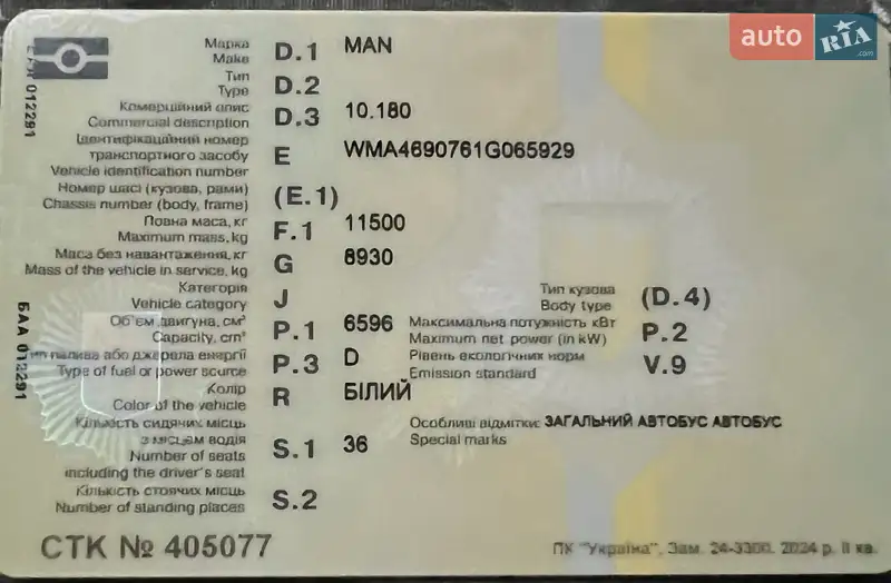 Туристичний / Міжміський автобус MAN 10.180 1991 в Орлівщині документ