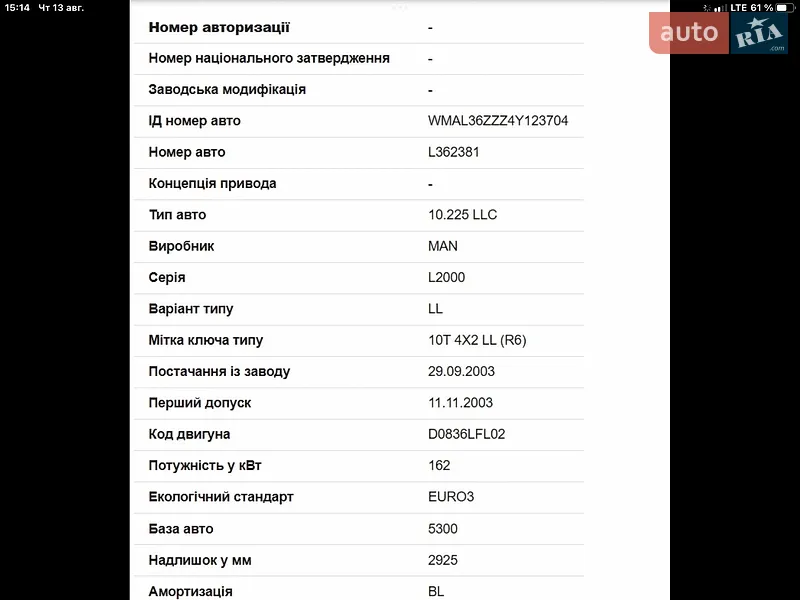 Борт MAN 10.225 2003 в Ковеле документ