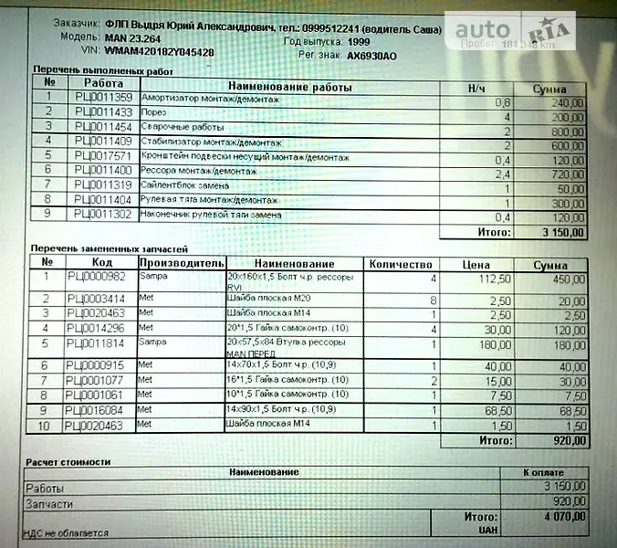 Грузовой фургон MAN 23 1999 в Харькове документ 2 фото Грузовой фургон MAN 23 1999 в Харькове документ