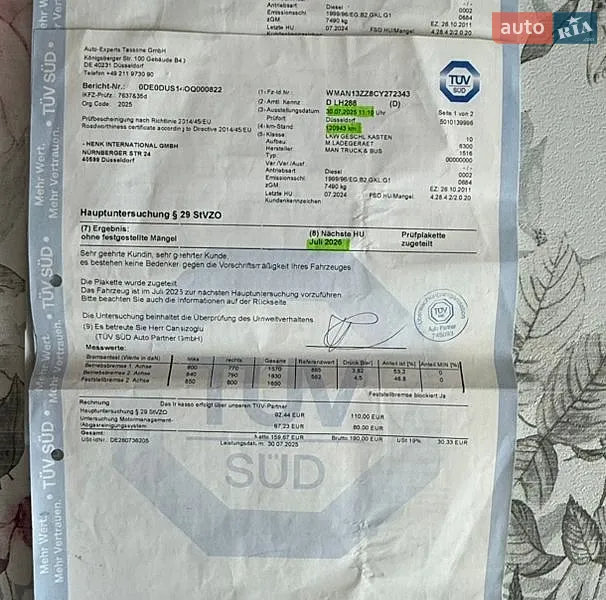 Вантажний фургон MAN TGL 2011 в Бучачі документ