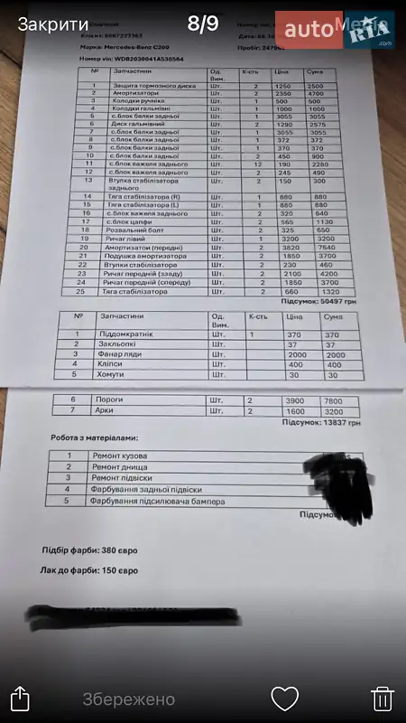 Седан Mercedes-Benz C-Class 2003 в Маневичах документ