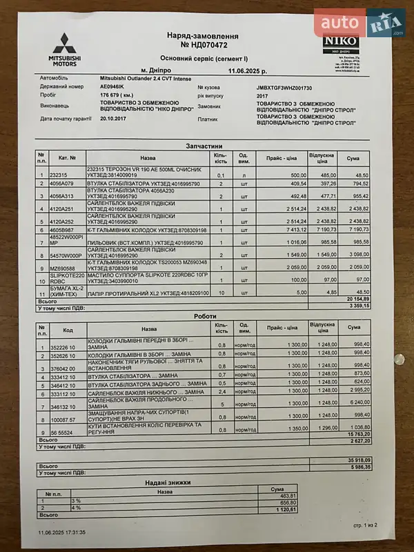 Позашляховик / Кросовер Mitsubishi Outlander 2017 в Дніпрі документ