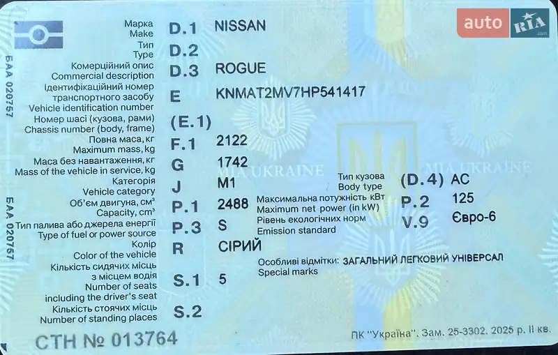 Внедорожник / Кроссовер Nissan Rogue 2016 в Ровно документ