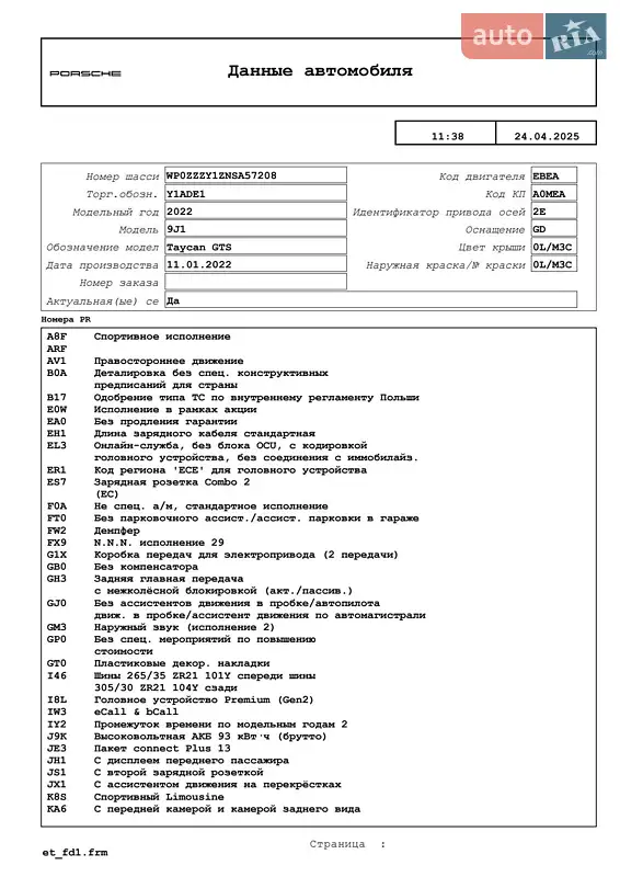 Седан Porsche Taycan 2022 в Києві документ