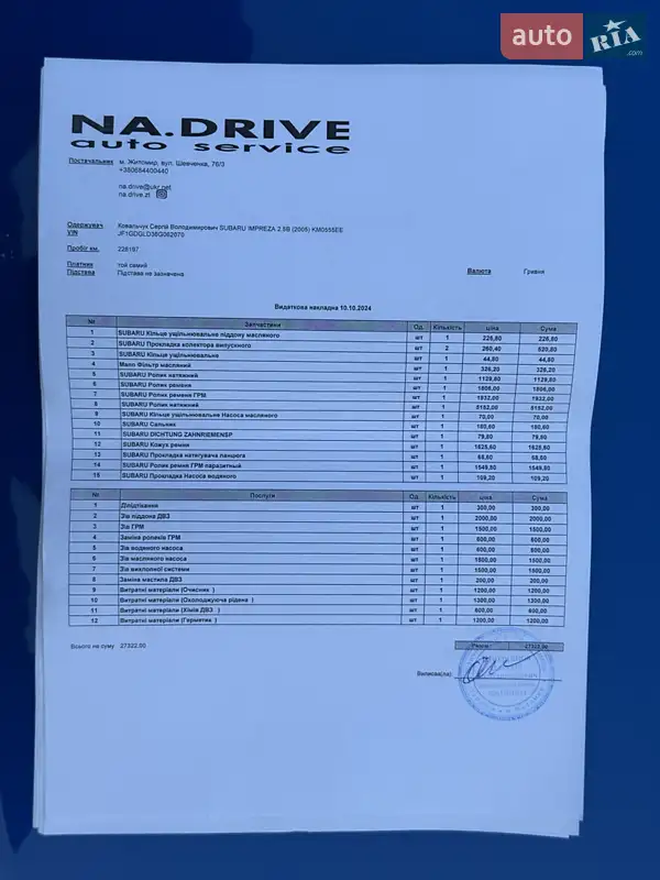 Седан Subaru Impreza WRX 2005 в Житомире документ
