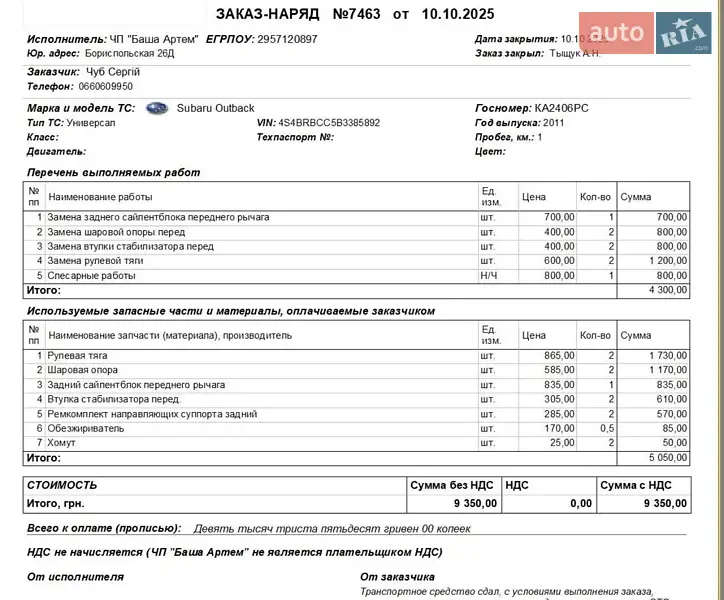 Универсал Subaru Outback 2011 в Киеве документ