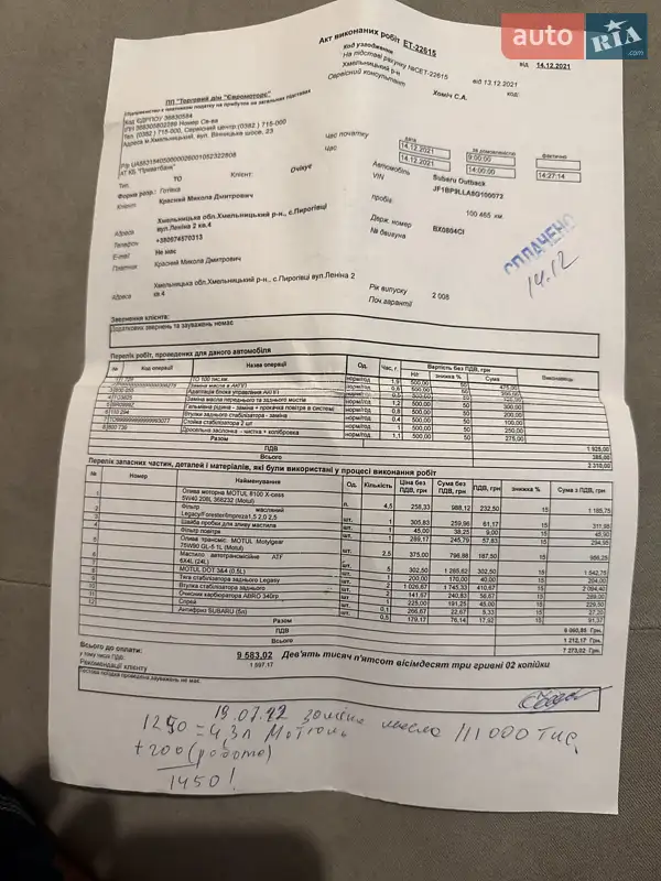 Универсал Subaru Outback 2008 в Хмельницком документ