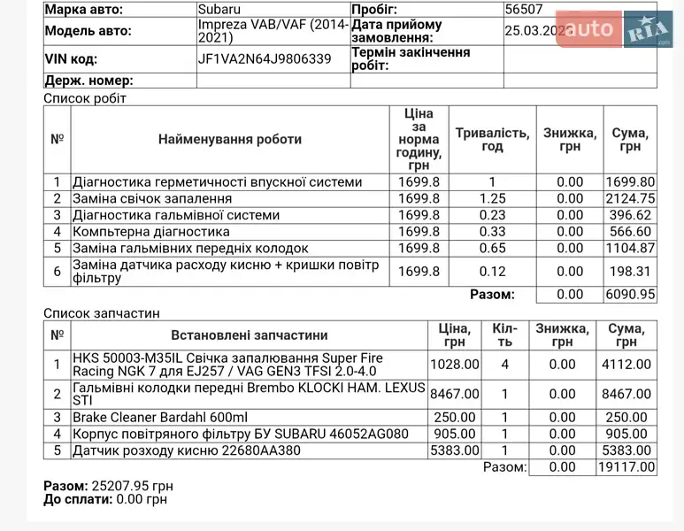 Седан Subaru WRX STI 2017 в Киеве документ