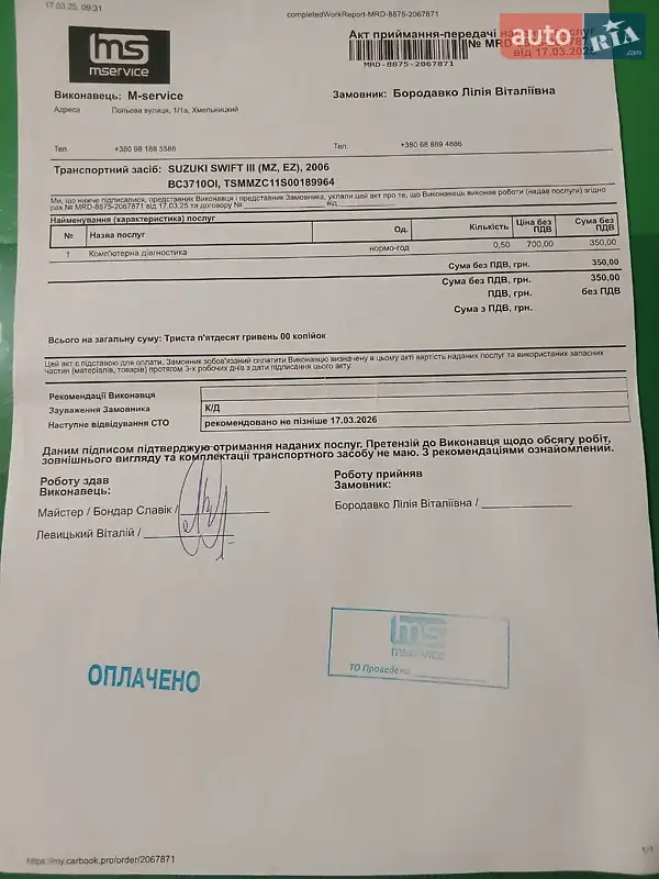 Хетчбек Suzuki Swift 2006 в Хмельницькому документ
