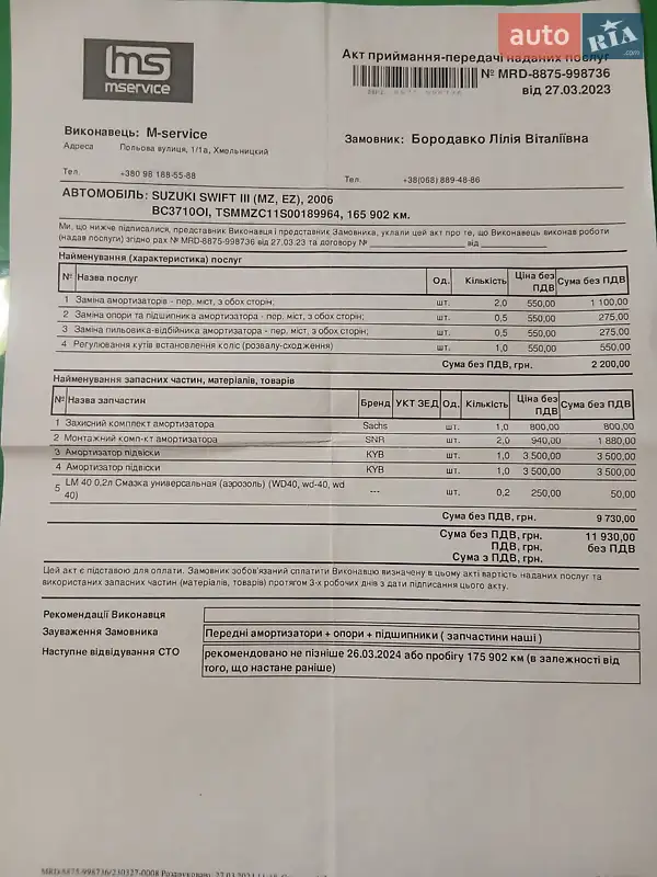 Хетчбек Suzuki Swift 2006 в Хмельницькому документ