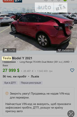 Внедорожник / Кроссовер Tesla Model Y 2021 в Ужгороде