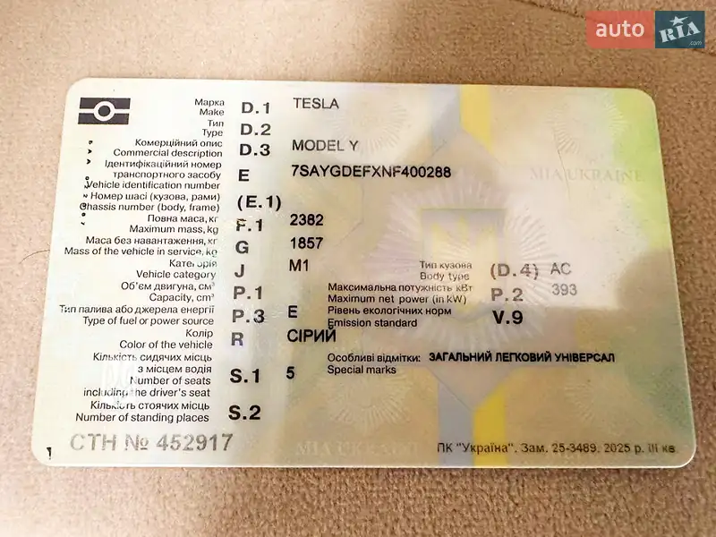 Внедорожник / Кроссовер Tesla Model Y 2022 в Каменском документ