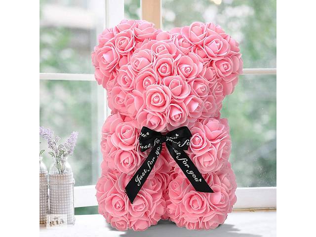 Мишка из роз 25 см в подарочной коробке 3D Teddy Flower Оригинальный подарок девушке в подарочной упаковке Светло-роз...